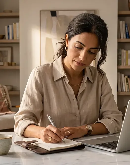 Una donna elegante e serena gestisce le proprie finanze al computer, simbolo dell'indipendenza economica femminile come forma di cura di sé.