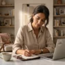 Una donna elegante e serena gestisce le proprie finanze al computer, simbolo dell'indipendenza economica femminile come forma di cura di sé.
