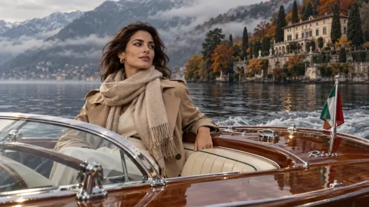 Donna sofisticata in trench e cachemire attraversa il Lago di Como in autunno a bordo di un motoscafo in legno, con ville storiche sullo sfondo.