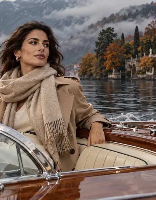 Donna sofisticata in trench e cachemire attraversa il Lago di Como in autunno a bordo di un motoscafo in legno, con ville storiche sullo sfondo.