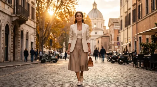 Donna italiana elegante e sicura di sé cammina per la città indossando una gonna midi sartoriale e blazer, simbolo di empowerment e libertà dai pregiudizi di genere.