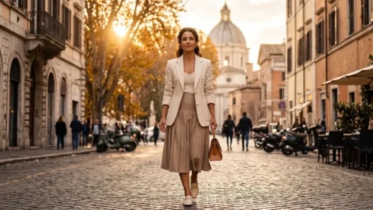 Donna italiana elegante e sicura di sé cammina per la città indossando una gonna midi sartoriale e blazer, simbolo di empowerment e libertà dai pregiudizi di genere.