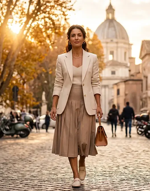 Donna italiana elegante e sicura di sé cammina per la città indossando una gonna midi sartoriale e blazer, simbolo di empowerment e libertà dai pregiudizi di genere.