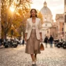 Donna italiana elegante e sicura di sé cammina per la città indossando una gonna midi sartoriale e blazer, simbolo di empowerment e libertà dai pregiudizi di genere.