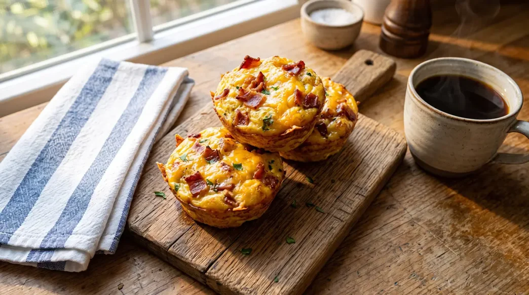 Tre muffin di uova, pancetta croccante e formaggio cheddar fuso su un tagliere di legno per colazione.