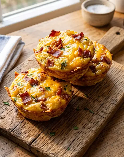 Tre muffin di uova, pancetta croccante e formaggio cheddar fuso su un tagliere di legno per colazione.
