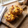 Tre muffin di uova, pancetta croccante e formaggio cheddar fuso su un tagliere di legno per colazione.