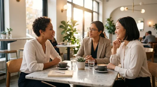 Tre professioniste in un incontro di lavoro focalizzato e collaborativo, simbolo delle alleanze strategiche per la carriera.