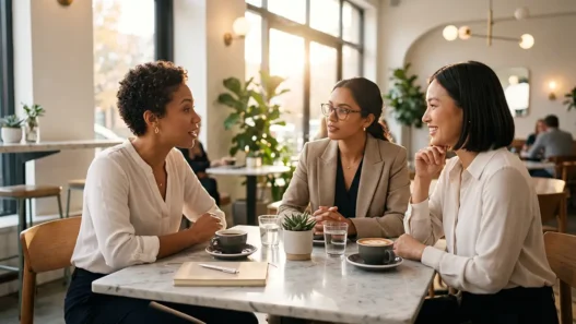 Tre professioniste in un incontro di lavoro focalizzato e collaborativo, simbolo delle alleanze strategiche per la carriera.