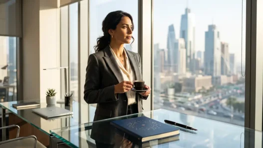 Donna d'affari elegante e determinata che guarda la città dalla finestra, simbolo di leadership femminile e pianificazione per l'oroscopo del giorno.
