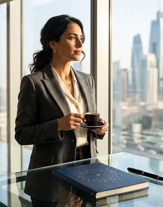 Donna d'affari elegante e determinata che guarda la città dalla finestra, simbolo di leadership femminile e pianificazione per l'oroscopo del giorno.