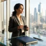 Donna d'affari elegante e determinata che guarda la città dalla finestra, simbolo di leadership femminile e pianificazione per l'oroscopo del giorno.