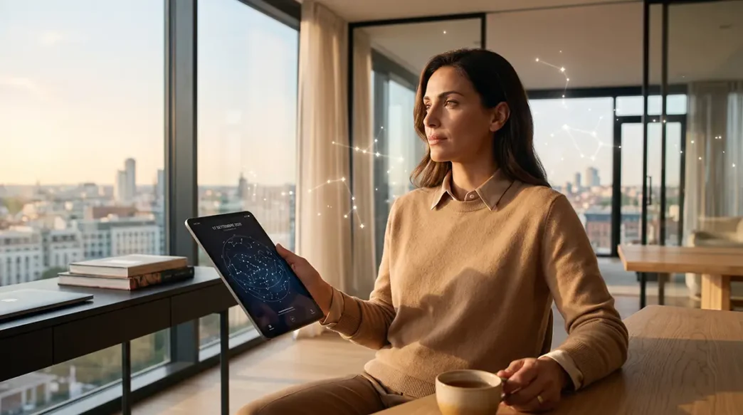 Donna elegante over 30 in ufficio panoramico all'alba guarda fuori, mentre tiene un tablet con mappa stellare dell'oroscopo di oggi. Rappresenta la fusione tra carriera e benessere consapevole.