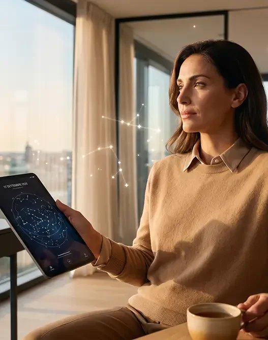 Donna elegante over 30 in ufficio panoramico all'alba guarda fuori, mentre tiene un tablet con mappa stellare dell'oroscopo di oggi. Rappresenta la fusione tra carriera e benessere consapevole.