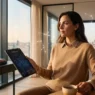 Donna elegante over 30 in ufficio panoramico all'alba guarda fuori, mentre tiene un tablet con mappa stellare dell'oroscopo di oggi. Rappresenta la fusione tra carriera e benessere consapevole.