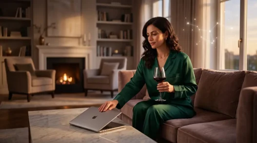 Donna elegante che chiude il laptop tenendo un calice di vino, a simboleggiare l'inizio del weekend e il distacco dal lavoro per l'oroscopo di oggi.
