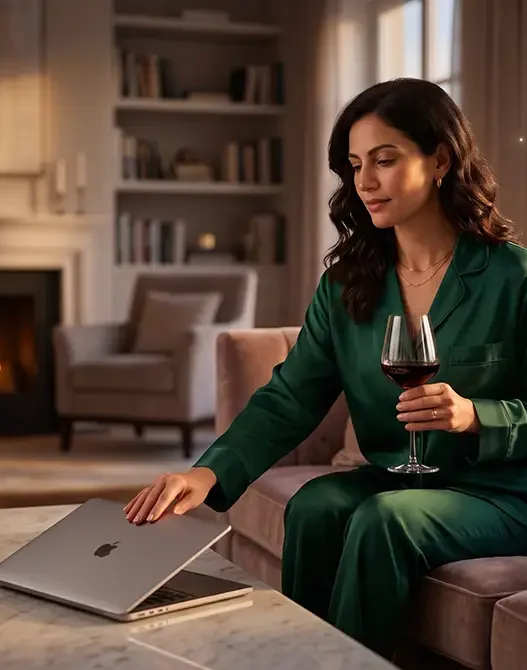 Donna elegante che chiude il laptop tenendo un calice di vino, a simboleggiare l'inizio del weekend e il distacco dal lavoro per l'oroscopo di oggi.