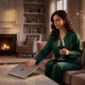 Donna elegante che chiude il laptop tenendo un calice di vino, a simboleggiare l'inizio del weekend e il distacco dal lavoro per l'oroscopo di oggi.