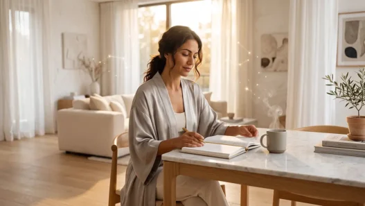 Donna elegante organizza la settimana con un planner, simbolo del Sunday reset e delle previsioni astrologiche domenicali.