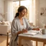 Donna elegante organizza la settimana con un planner, simbolo del Sunday reset e delle previsioni astrologiche domenicali.