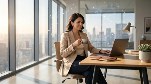 Donna manager elegante e sicura di sé alla scrivania, simbolo di leadership, empowerment e delle previsioni astrologiche per affrontare il lunedì lavorativo.