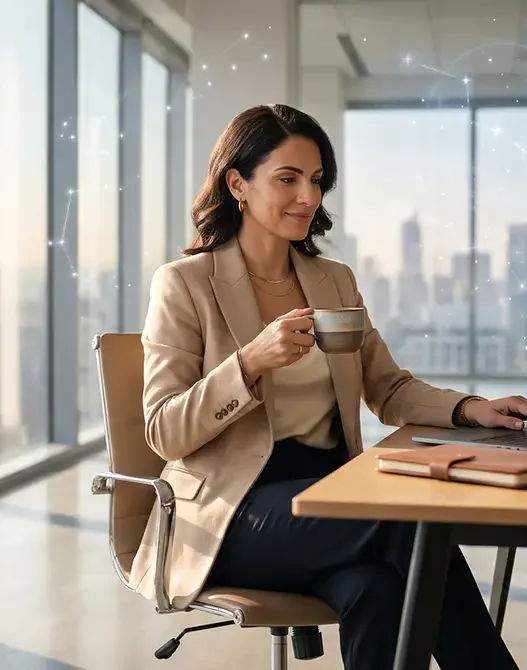Donna manager elegante e sicura di sé alla scrivania, simbolo di leadership, empowerment e delle previsioni astrologiche per affrontare il lunedì lavorativo.