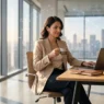 Donna manager elegante e sicura di sé alla scrivania, simbolo di leadership, empowerment e delle previsioni astrologiche per affrontare il lunedì lavorativo.