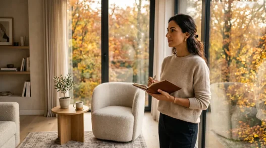 Donna elegante in un momento di riflessione autunnale, simbolo del reset psicologico legato all'Equinozio d'Autunno e all'oroscopo del 22 settembre 2026.