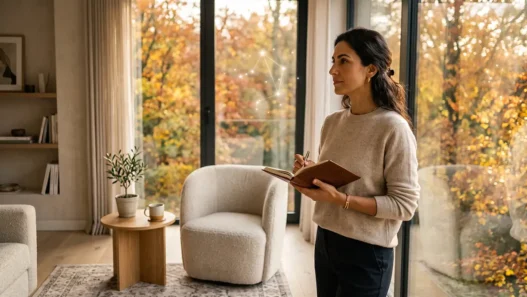 Donna elegante in un momento di riflessione autunnale, simbolo del reset psicologico legato all'Equinozio d'Autunno e all'oroscopo del 22 settembre 2026.