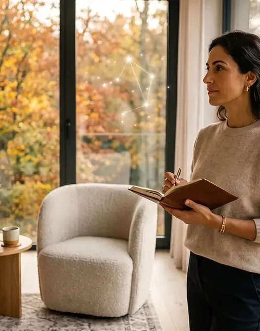 Donna elegante in un momento di riflessione autunnale, simbolo del reset psicologico legato all'Equinozio d'Autunno e all'oroscopo del 22 settembre 2026.
