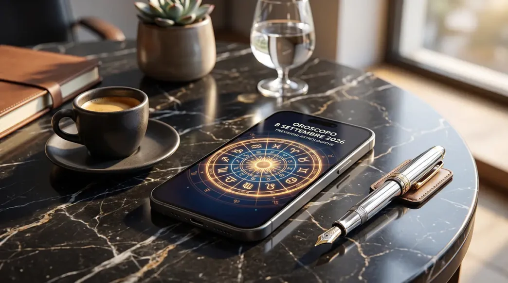 Smartphone con ruota zodiacale ed espresso su un tavolo, simboli delle previsioni dell'oroscopo dell'8 settembre 2026.