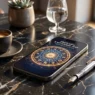 Smartphone con ruota zodiacale ed espresso su un tavolo, simboli delle previsioni dell'oroscopo dell'8 settembre 2026.