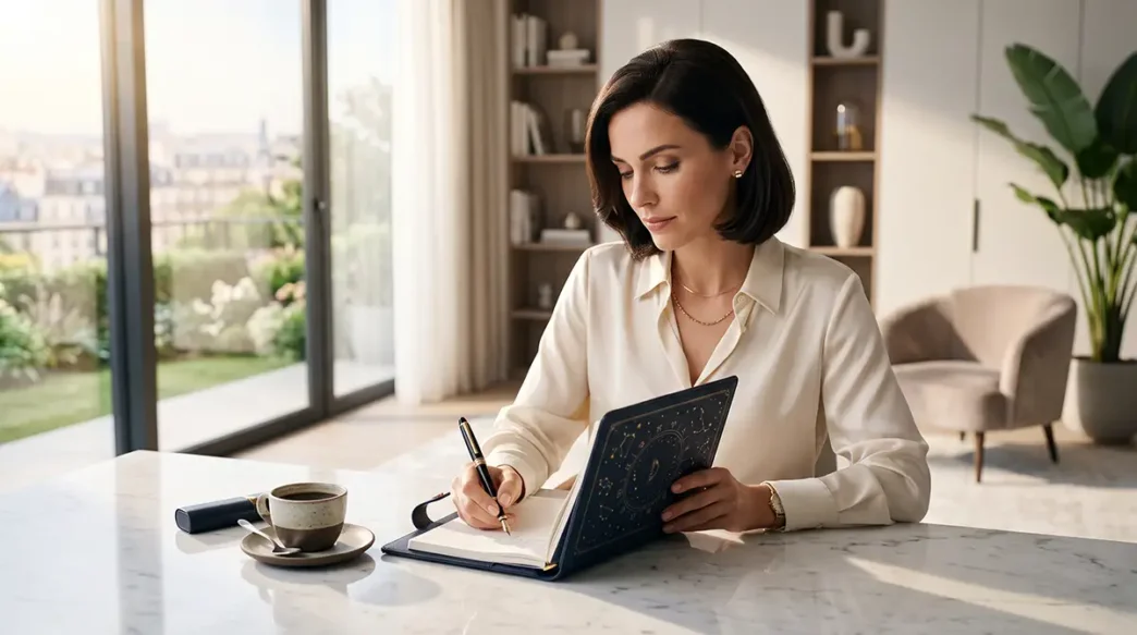 Donna d'affari elegante che pianifica la settimana lavorativa consultando un'agenda con dettagli astrali sulla scrivania.