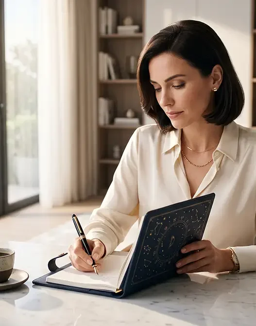 Donna d'affari elegante che pianifica la settimana lavorativa consultando un'agenda con dettagli astrali sulla scrivania.