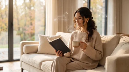 Donna elegante in relax domestico con diario e tisana, a rappresentare il benessere consapevole e le previsioni astrologiche del weekend.