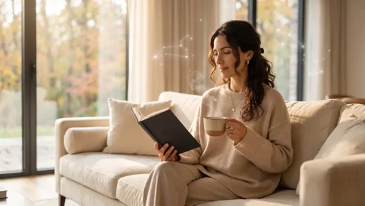 Donna elegante in relax domestico con diario e tisana, a rappresentare il benessere consapevole e le previsioni astrologiche del weekend.