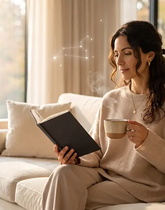 Donna elegante in relax domestico con diario e tisana, a rappresentare il benessere consapevole e le previsioni astrologiche del weekend.