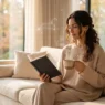 Donna elegante in relax domestico con diario e tisana, a rappresentare il benessere consapevole e le previsioni astrologiche del weekend.