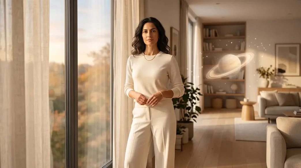 Donna elegante e sicura di sé, simbolo dell'empowerment femminile e della rinascita interiore durante il Ritorno di Saturno e la crisi dei 30 o 60 anni.