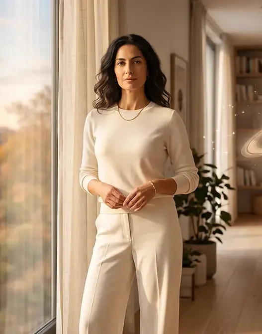 Donna elegante e sicura di sé, simbolo dell'empowerment femminile e della rinascita interiore durante il Ritorno di Saturno e la crisi dei 30 o 60 anni.