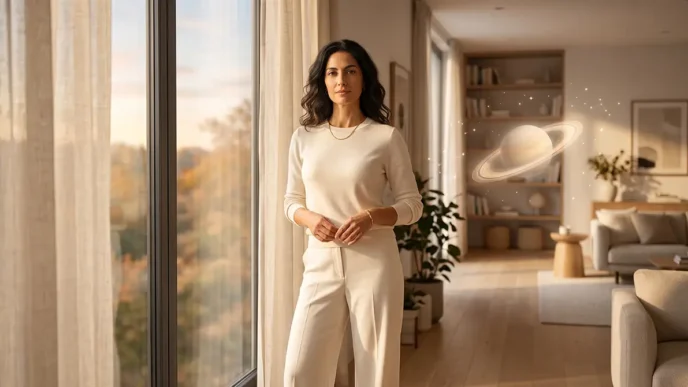Donna elegante e sicura di sé, simbolo dell'empowerment femminile e della rinascita interiore durante il Ritorno di Saturno e la crisi dei 30 o 60 anni.