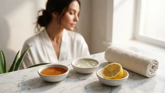 Ingredienti naturali come miele, aloe e limone in eleganti ciotole di ceramica per la preparazione di maschere viso fai da te, simbolo di bellezza consapevole.