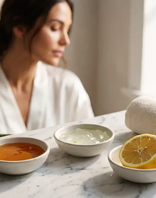 Ingredienti naturali come miele, aloe e limone in eleganti ciotole di ceramica per la preparazione di maschere viso fai da te, simbolo di bellezza consapevole.