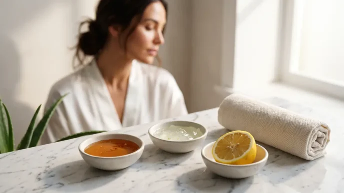 Ingredienti naturali come miele, aloe e limone in eleganti ciotole di ceramica per la preparazione di maschere viso fai da te, simbolo di bellezza consapevole.