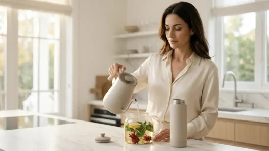 Donna elegante prepara una tisana naturale in una cucina luminosa. Sul piano in marmo una borraccia termica, simbolo di idratazione e lifestyle intelligente.