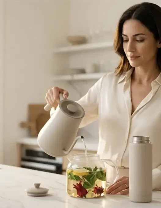 Donna elegante prepara una tisana naturale in una cucina luminosa. Sul piano in marmo una borraccia termica, simbolo di idratazione e lifestyle intelligente.