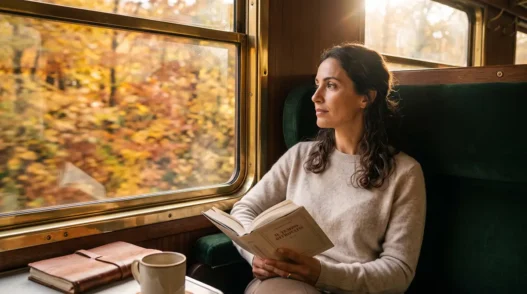 Donna sofisticata in viaggio da sola in treno mentre legge un libro guardando i colori caldi dell'autunno dal finestrino