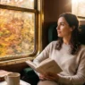 Donna sofisticata in viaggio da sola in treno mentre legge un libro guardando i colori caldi dell'autunno dal finestrino