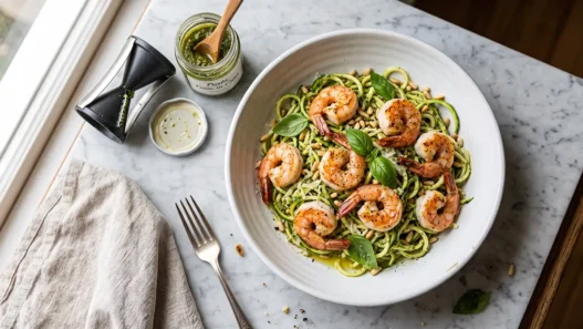 Piatto fresco di zoodles al pesto con gamberi saltati, ideale per la dieta chetogenica.