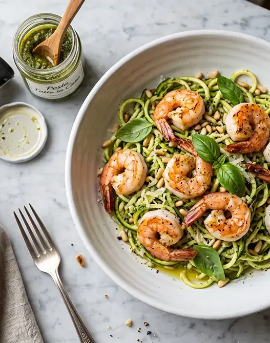Piatto fresco di zoodles al pesto con gamberi saltati, ideale per la dieta chetogenica.